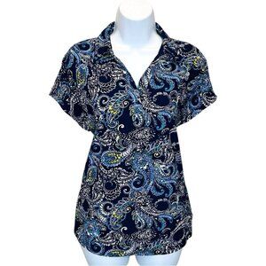 Jones New York Signature Women’s Top Size Large Navy Paisley Collared Blouse